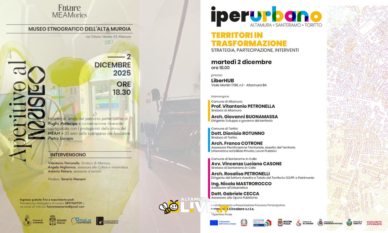 Due incontri aperti alla comunità: il 2 dicembre al Museo Etnografico dell’Alta Murgia e a LiberHub per la Strategia Urbana Territoriale - Altamura