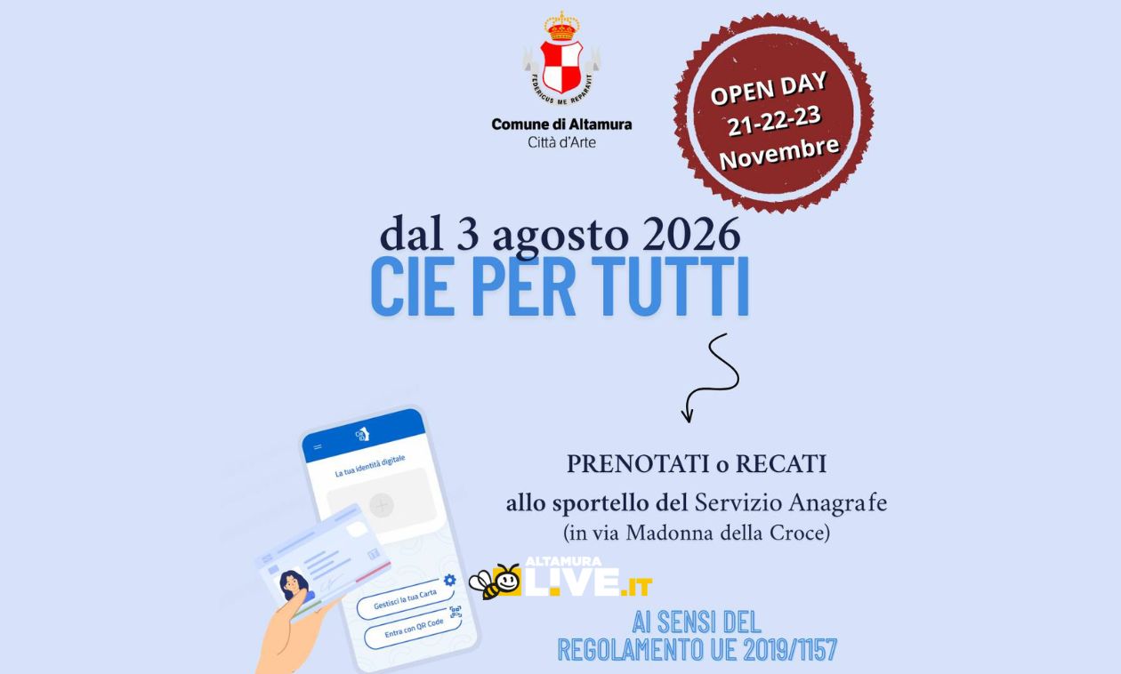 Immagine del post 13741 - Altamura Dal 21 al 23 novembre Servizio Anagrafe aperto per il rilascio della Carta di Identità Elettronica (CIE) - Altamura