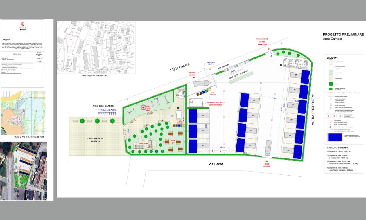 Area camper a Parco San Giuliano. Candidato progetto con 13 piazzole di sosta, servizi, bar e aree verdi - Altamura