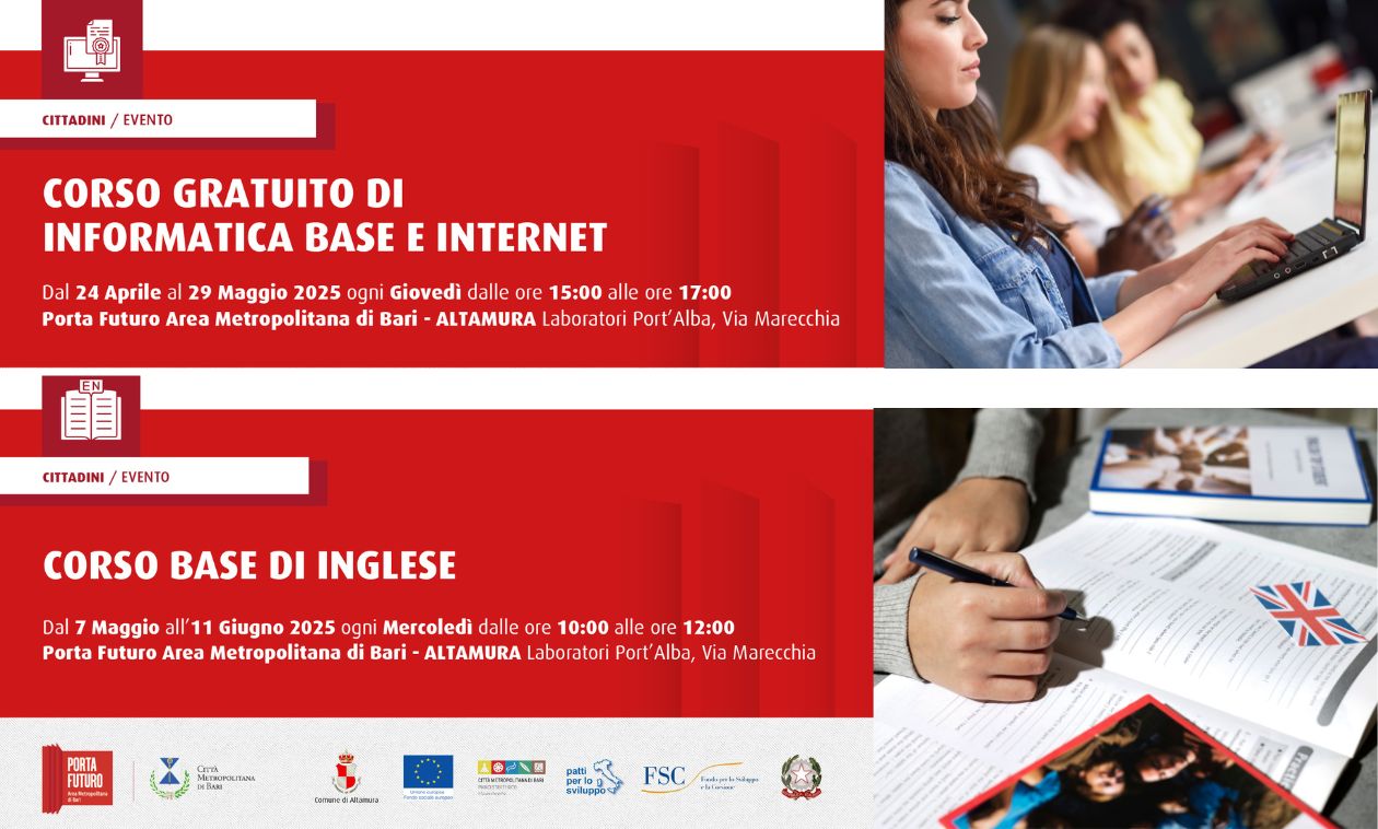 Al via ad Altamura due corsi gratuiti a Porta Futuro: “Informatica base e internet” e “Corso base di inglese” - Altamura