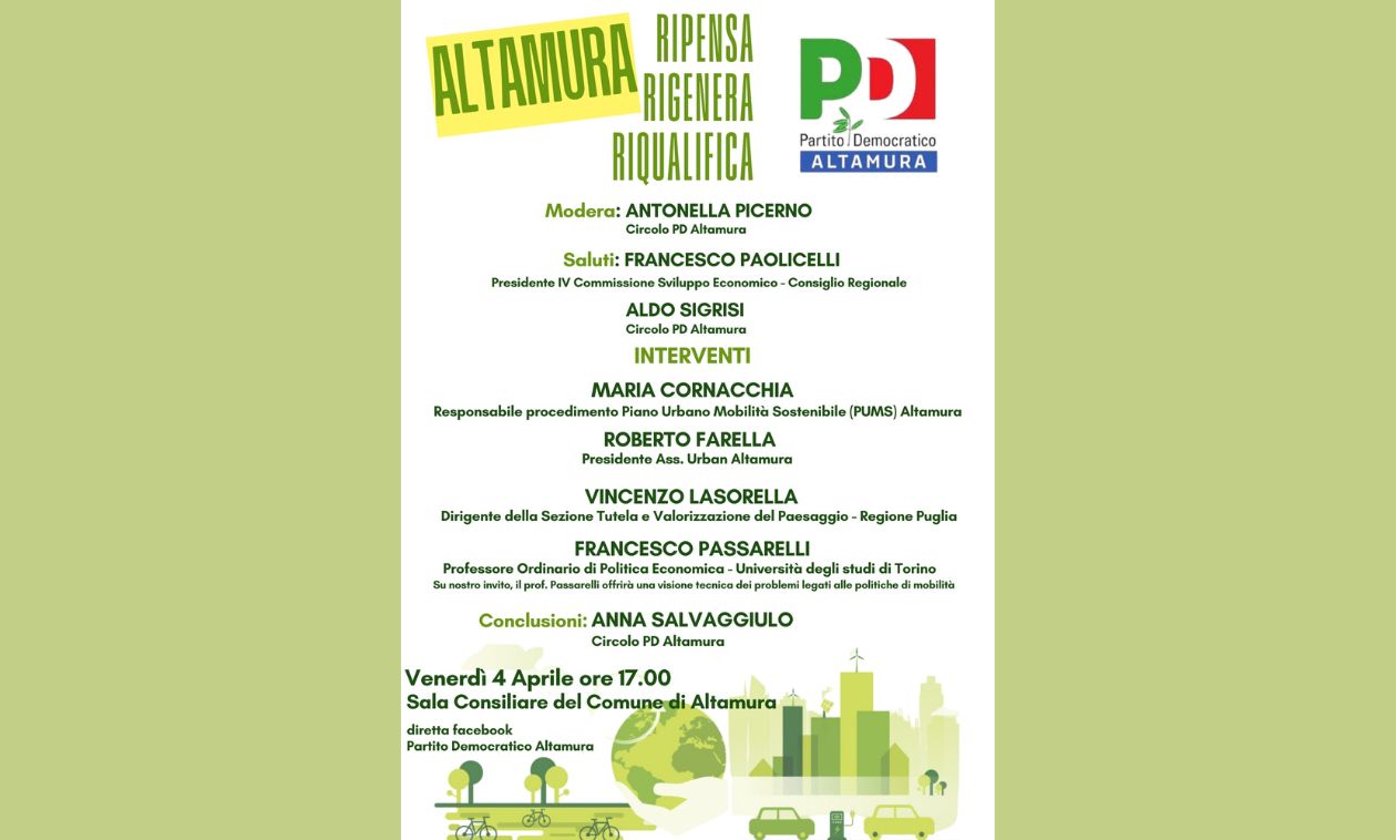 Immagine del post 5038 - Altamura PD Altamura invita la cittadinanza al convegno “Altamura Ripensa, Rigenera, Riqualifica” sul futuro verde della città - Altamura