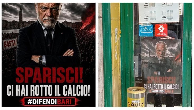 “Sparisci! Ci hai rotto il calcio”. Bari tappezzata di manifesti con il messaggio per De Laurentiis - Bari