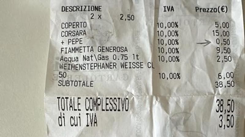 “Un po’ di pepe sulla pizza? Cinquanta centesimi in più, grazie”. Lo scontrino è virale sui social - Bari