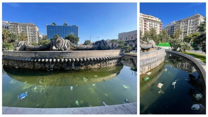 Immagine del post 14816 - Bari Bari, la fontana (spenta) di piazza Moro piena di rifiuti: per i turisti prima immagine della città - Bari