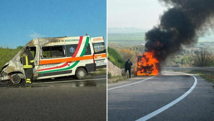 Matera, ambulanza prende fuoco in strada: in salvo il conducente - Bari
