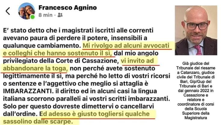 Immagine del post 18641 - Bari “Avvocati che hanno votato Sì lascino toga”: bufera sul giudice Agnino, chiesta azione disciplinare - Bari