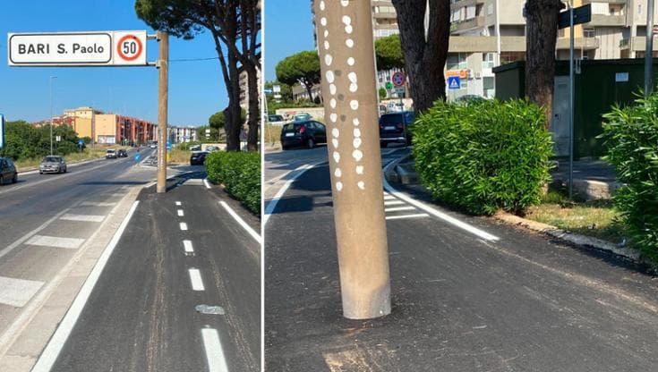 San Paolo, completata la pista ciclabile con il palo al centro: l’ostacolo è segnalato con il gesso - Bari