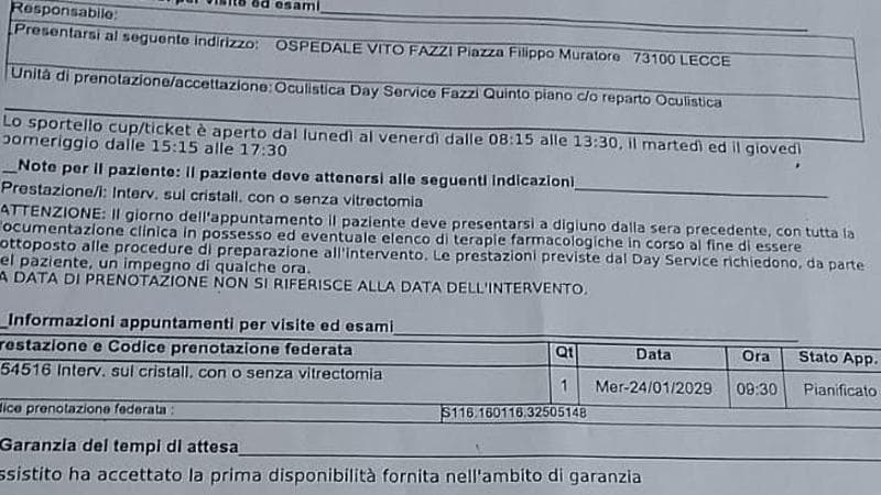 Immagine del post 19935 - Bari “La cataratta? Nel 2028”: a Lecce paziente anziana rinuncia al pubblico e paga 2.200 euro in clinica - Bari