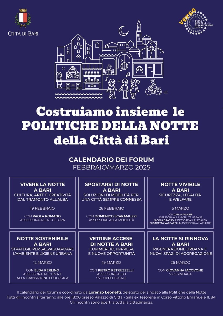 Immagine del post 1730 - Bari 'Costruiamo insieme le politiche della notte', sei incontri pubblici, forum e approfondimenti tecnici - Bari
