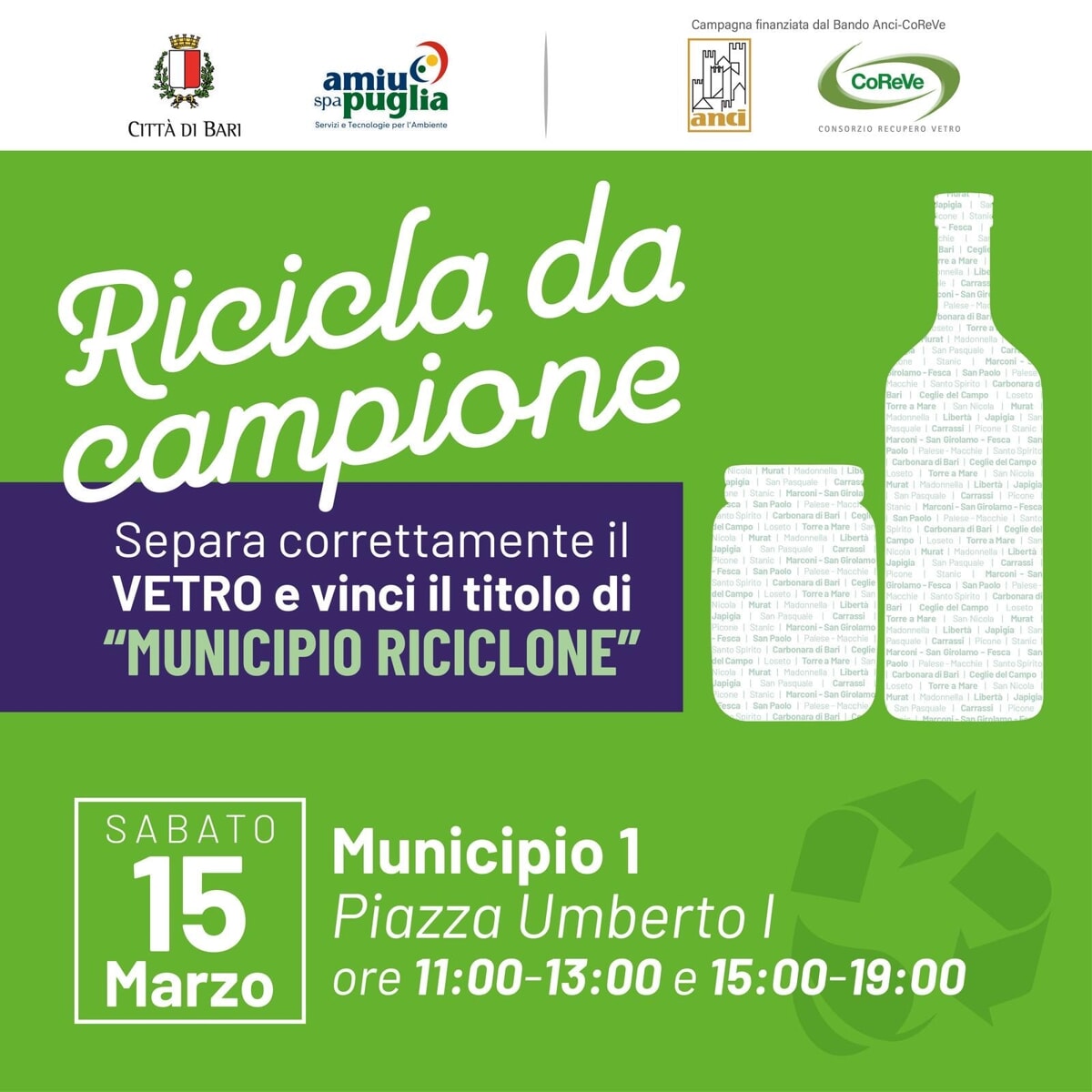 Immagine del post 3890 - Bari 'Ricicla da campione', al via la gara fra i Municipi di Bari: "Sfida cittadina sulla raccolta di vetro" - Bari