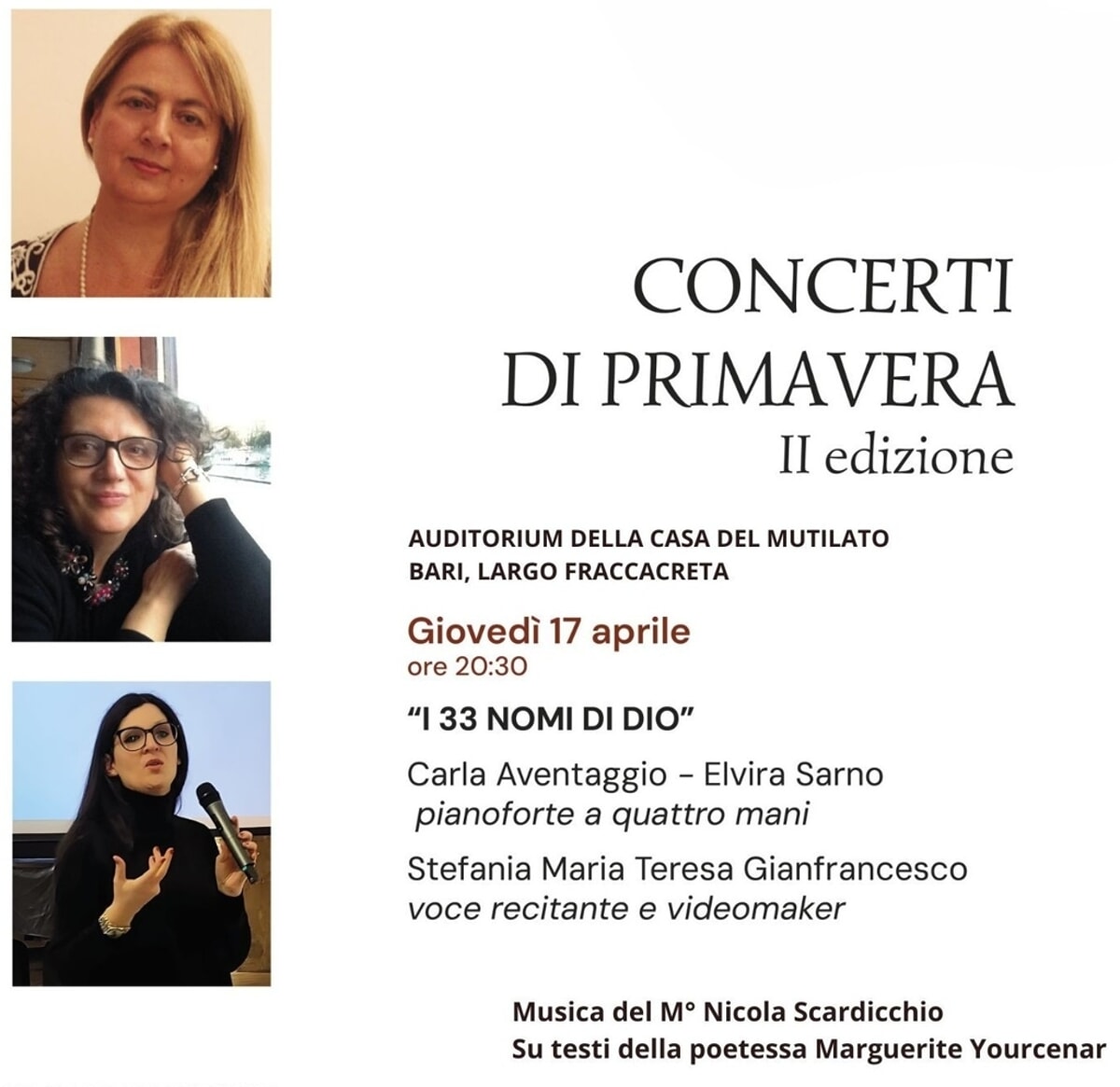 Immagine del post 5947 - Bari Tra musica, parole e immagini: “i 33 nomi di Dio” – omaggio all’assoluto di Marguerite Yourcenar per la Seven Arts - Bari