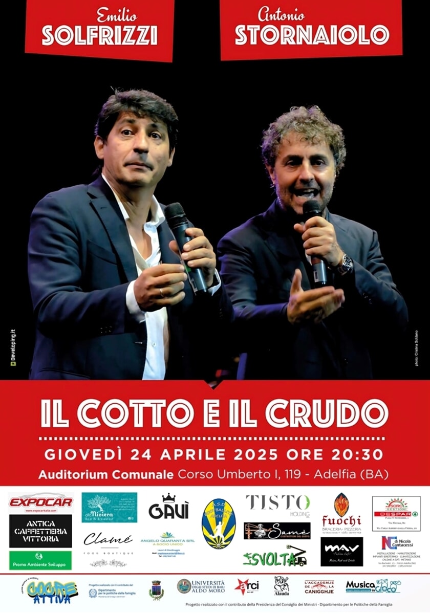 Immagine del post 6343 - Bari Toti e Tata portano “Il cotto e il crudo” ad Adelfia, una serata di teatro e comunità con il progetto Cocreattiva - Bari