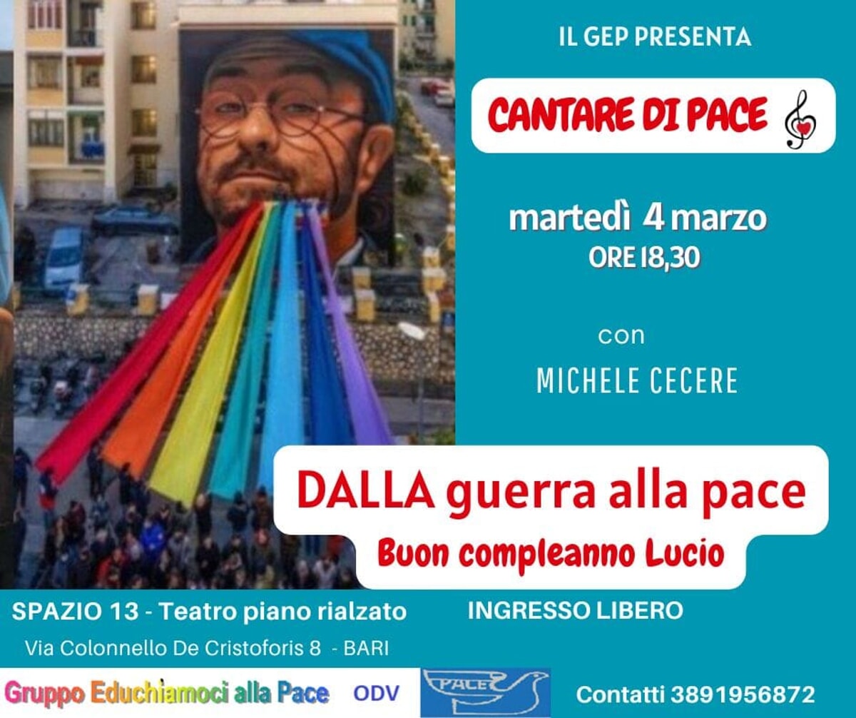 Immagine del post 2924 - Bari “Cantare di pace”, la rassegna che invita alla riflessione anche attraverso le parole dei nostri cantautori - Bari