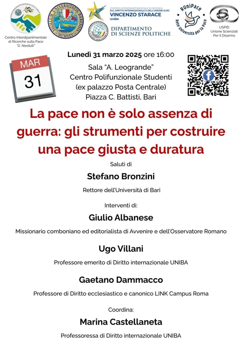 Immagine del post 4873 - Bari “La pace non e’ solo assenza di guerra: gli strumenti per costruire una pace giusta e duratura” - Bari