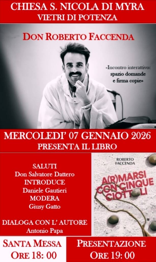 Vietri di Potenza: don Roberto Faccenda presenta “A(r)marsi con 5 ciottoli” - Basilicata