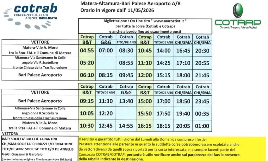 Immagine del post 20184 - Basilicata Matera, nuovi orari per le navette da e per l’aeroporto di Bari - Basilicata