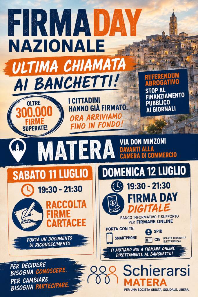 Immagine del post 22650 - Basilicata Finanziamento pubblico ai giornali: a Matera il FirmaDay per il referendum abrogativo - Basilicata