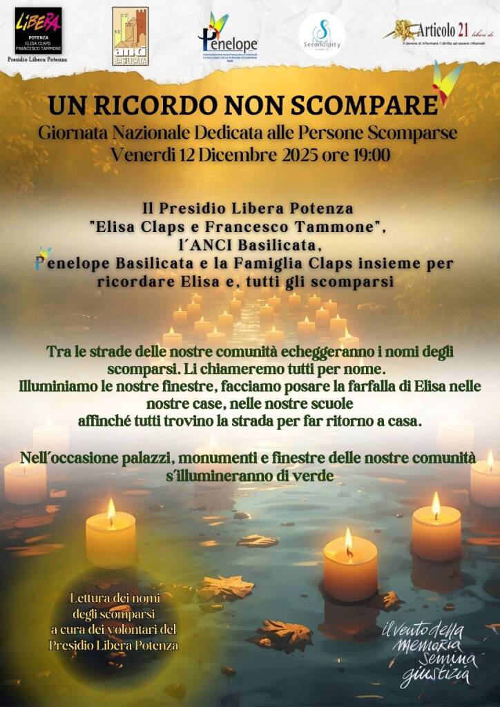 Immagine del post 14797 - Basilicata “Un ricordo non scompare”, a Potenza l’iniziativa per la Giornata nazionale delle persone scomparse - Basilicata