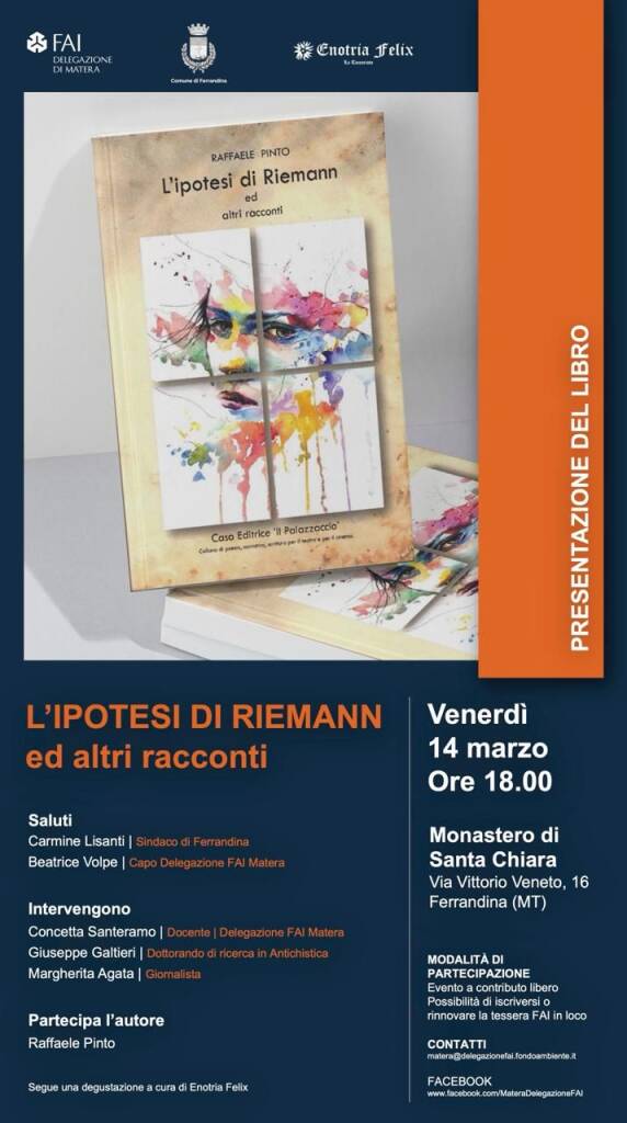 Immagine del post 3635 - Basilicata Ferrandina, Raffaele Pinto presenta “L’ipotesi di Riemann ed altri racconti” - Basilicata