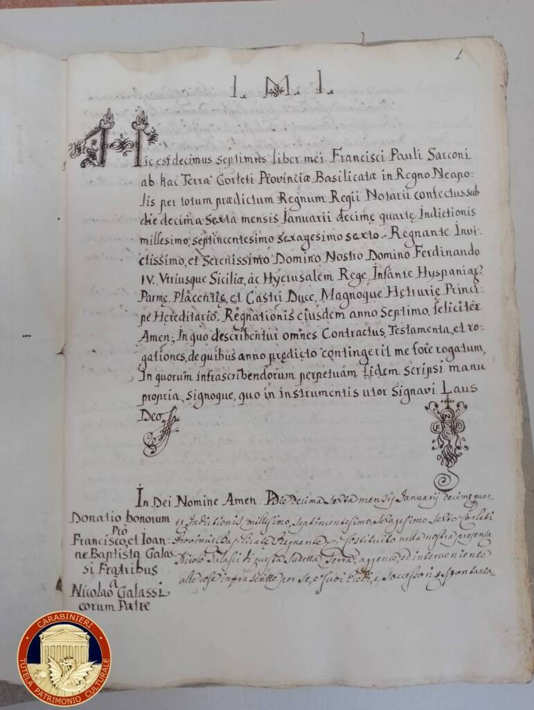 Potenza, protocollo notarile del 1766 ritrovato dai Carabinieri e restituito all’Archivio di Stato - Basilicata