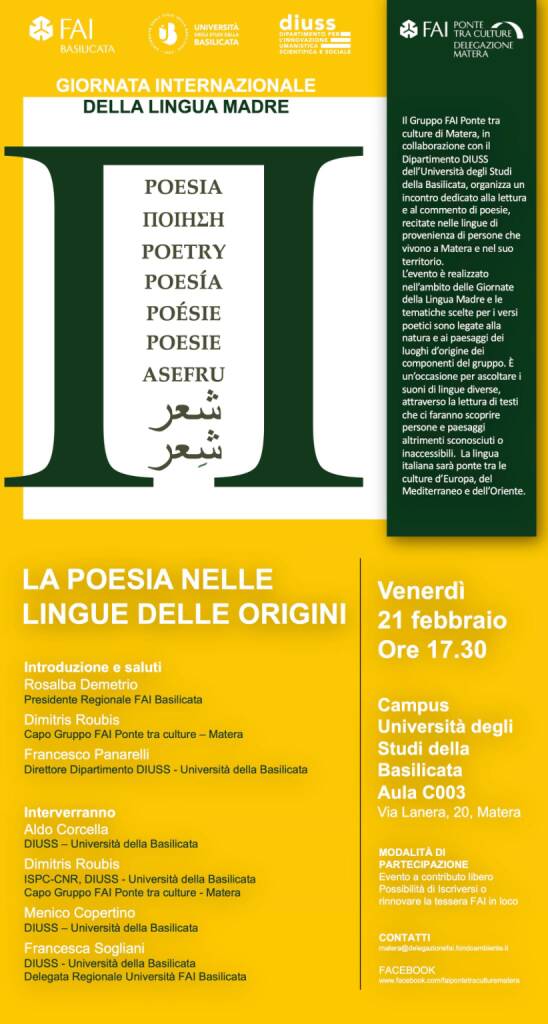 Immagine del post 2283 - Basilicata Giornata Internazionale della Lingua Madre, a Matera l’evento di Fai e Unibas - Basilicata