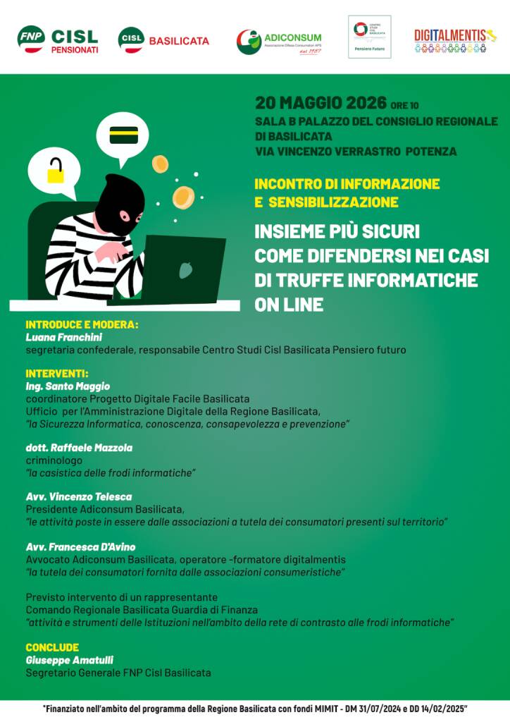 Immagine del post 20656 - Basilicata A Potenza un incontro organizzato da Fnp Cisl, Adiconsum e Cisl sulle truffe online per proteggere i cittadini over 65 - Basilicata
