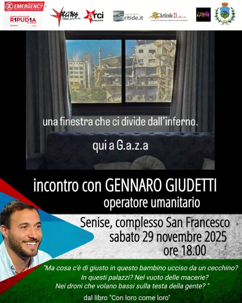 Immagine del post 14219 - Basilicata Raccontare Gaza: a Senise arriva l’operatore umanitario Gennaro Giudetti - Basilicata