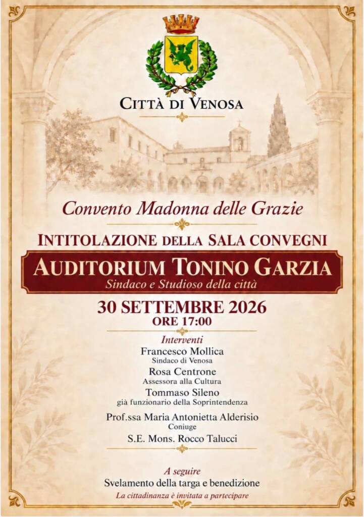 Venosa intitola l’Auditorium a Tonino Garzia - Basilicata