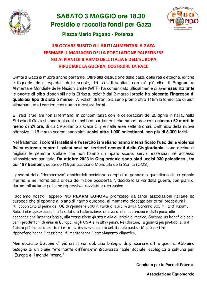 Immagine del post 6637 - Basilicata A Potenza un presidio e una raccolta fondi per Gaza - Basilicata