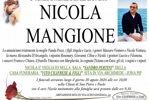 Morte Nicola Mangione, oggi i funerali - Gravina in Puglia