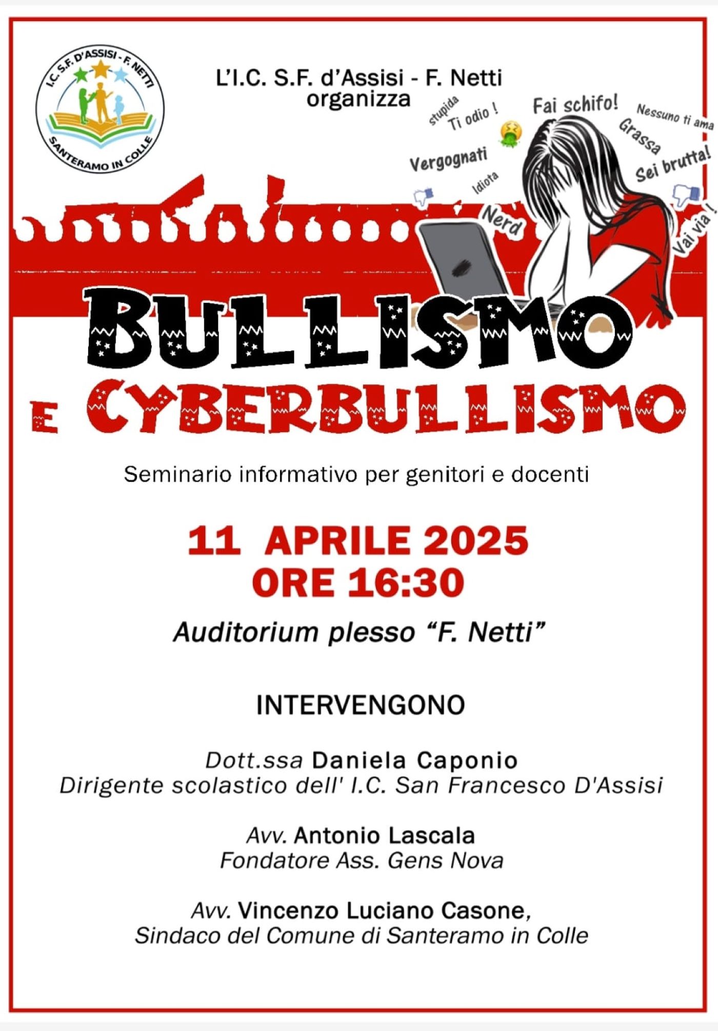 Bullismo e cyberbullismo: conoscere per difendersi”, oggi un seminario nell’auditorium della scuola “Netti” - Santeramo in Colle