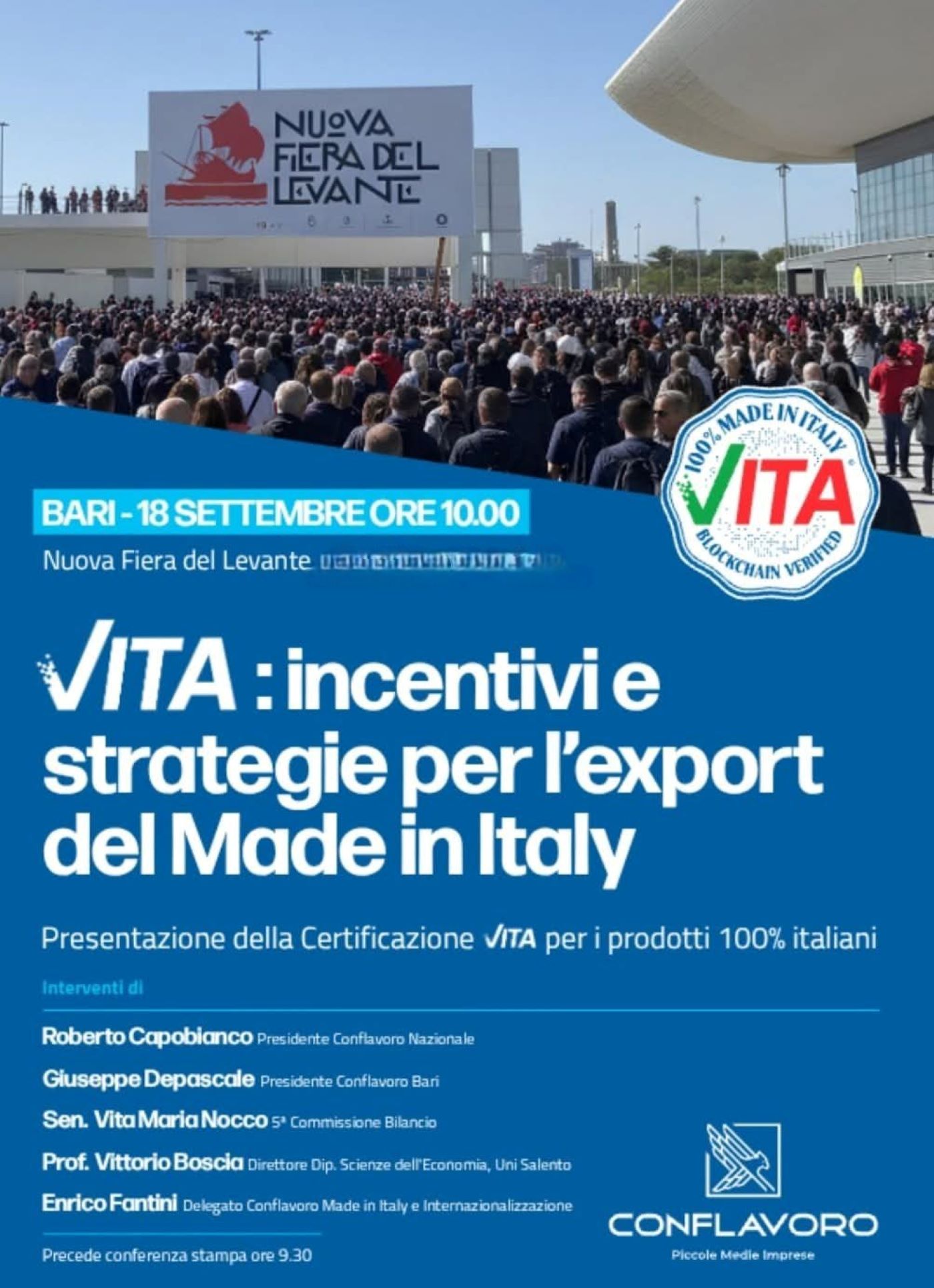 Immagine del post 11684 - Santeramo in Colle “Incentivi e Strategie per l’export del Made In Italy”, il 18 alla Fiera del Levante convegno promosso da Conflavoro - Santeramo in Colle
